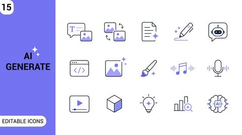 AI Generate Icon Set. Artificial Intelligence Content Creation, Text, Image Illustrazione stock