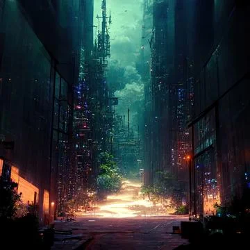 AI generated art illustration of a post-apocalyptic city with destroyed building Ilustración de archivo