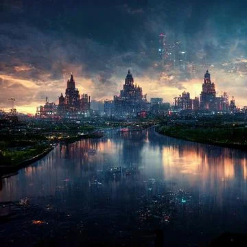 AI generated art of a post-apocalyptic city with destroyed buildings and dense a Ilustración de archivo