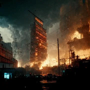 AI-generated art of a post-apocalyptic city with burning buildings and trees Ilustración de archivo