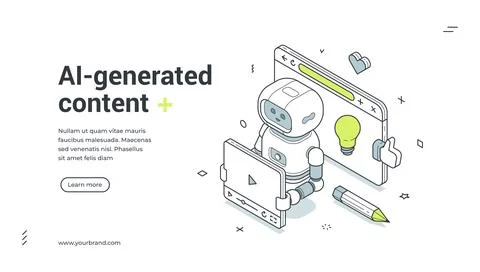 AI-generated content isometric banner. Robot for creative content creation an イラスト素材