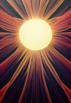 AI generated digital art of a bright yellow shining sun with abstract streaky or Stock Illustration