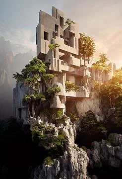 AI generated digital art of a cascading stone building with green plants at suns Ilustración de archivo