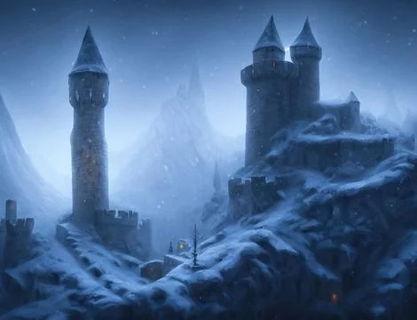Ai generated digital art of a castle on a snowy winter day illuminated by the mo Ilustración de archivo