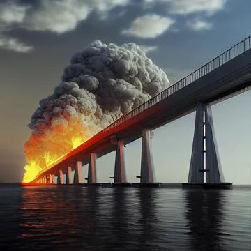 AI-generated digital art of an explosion on the bridge over a river with black s Stock Illustration