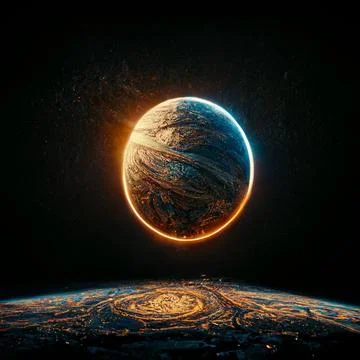 AI-generated digital art of illuminated planets colliding in the space Stock Illustration