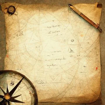 AI generated digital art of old blank pirate nautical treasure map with compass Stock Illustration