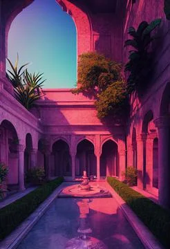 Ai generated digital art of a pink Arabic-style interior with a fountain in the Ilustración de archivo