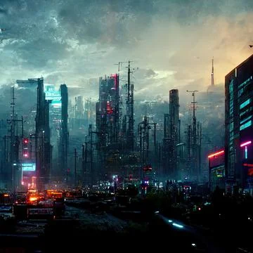 AI generated digital art of a post-apocalyptic futuristic city with thin half-ru Stock Illustration