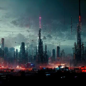 AI generated digital art of a post-apocalyptic futuristic city with thin half-ru Stock Illustration