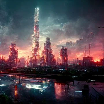 AI generated digital art of a post-apocalyptic futuristic city with thin half-ru Illustrazione stock
