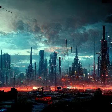 AI generated digital art of a post-apocalyptic futuristic city with thin half-ru Stock Illustration