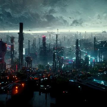 AI generated digital art of a post-apocalyptic futuristic city with thin half-ru Stock Illustration
