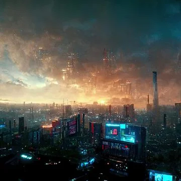 AI generated digital art of a post-apocalyptic futuristic city with thin half-ru Illustrazione stock