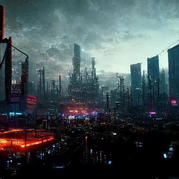 AI generated digital art of a post-apocalyptic futuristic city with thin half-ru Illustrazione stock