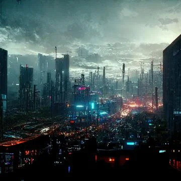 AI generated digital art of a post-apocalyptic futuristic city with thin half-ru Illustrazione stock