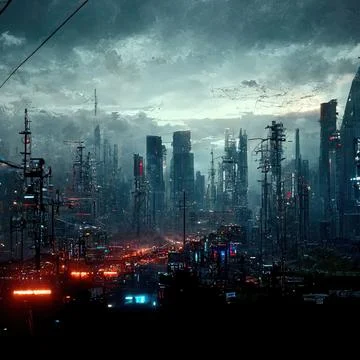 AI generated digital art of a post-apocalyptic futuristic city with thin half-ru Illustrazione stock