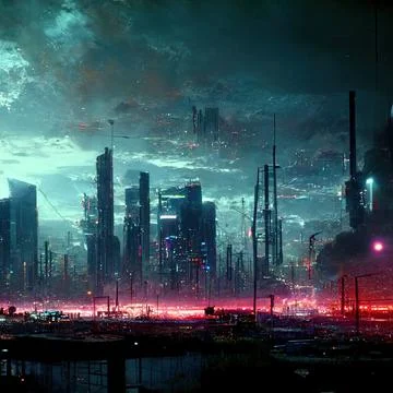 AI generated digital art of a post-apocalyptic futuristic city with thin half-ru Stock Illustration