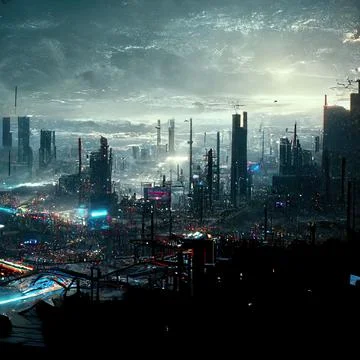 AI generated digital art of a post-apocalyptic futuristic city with thin half-ru Stock Illustration