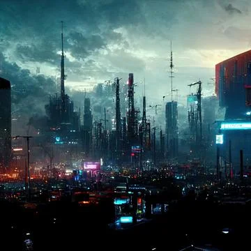 AI generated digital art of a post-apocalyptic futuristic city with thin half-ru Illustrazione stock