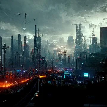 AI generated digital art of a post-apocalyptic futuristic city with thin half-ru Stock Illustration