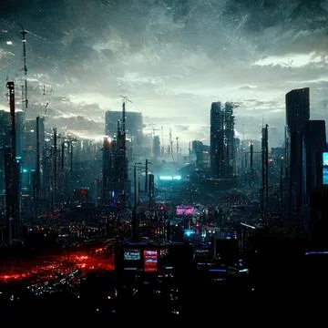 AI generated digital art of a post-apocalyptic futuristic city with thin half-ru Illustrazione stock