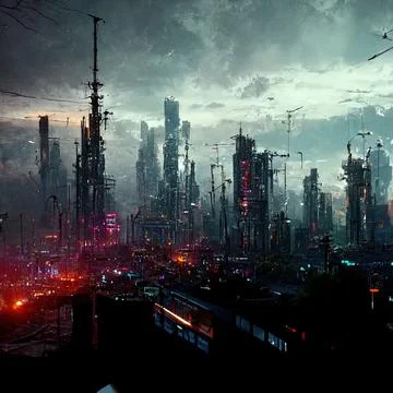AI generated digital art of a post-apocalyptic futuristic city with thin half-ru Stock Illustration