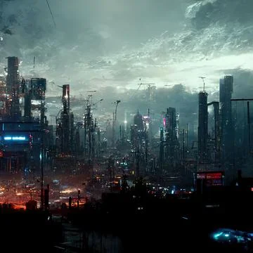 AI generated digital art of a post-apocalyptic futuristic city with thin half-ru Illustrazione stock