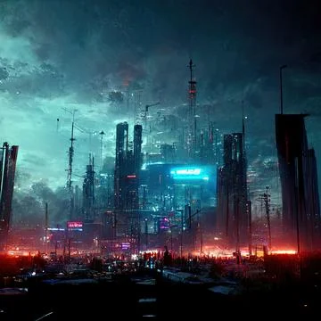 AI generated digital art of a post-apocalyptic futuristic city with thin half-ru Illustrazione stock