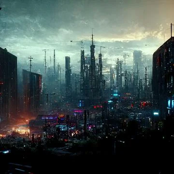 AI generated digital art of a post-apocalyptic futuristic city with thin half-ru Illustrazione stock