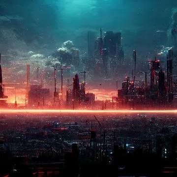 AI generated digital art of a post-apocalyptic futuristic city with thin half-ru Stock Illustration