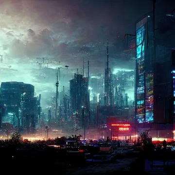 AI generated digital art of a post-apocalyptic futuristic city with thin half-ru Stock Illustration