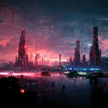 AI generated digital art of a post-apocalyptic futuristic city with thin half-ru Stock Illustration