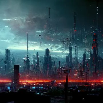 AI generated digital art of a post-apocalyptic futuristic city with thin half-ru Stock Illustration