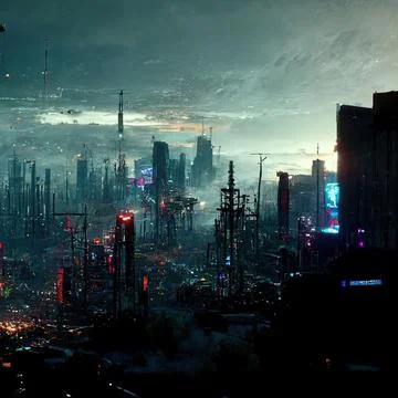 AI generated digital art of a post-apocalyptic futuristic city with thin half-ru Illustrazione stock