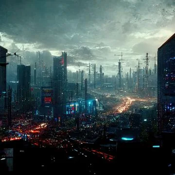 AI generated digital art of a post-apocalyptic futuristic city with thin half-ru Illustrazione stock