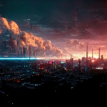AI generated digital art of a post-apocalyptic futuristic city with thin half-ru Illustrazione stock