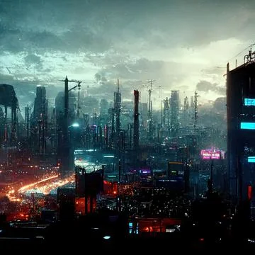 AI generated digital art of a post-apocalyptic futuristic city with thin half-ru Illustrazione stock