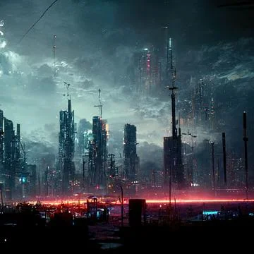 AI generated digital art of a post-apocalyptic futuristic city with thin half-ru Stock Illustration