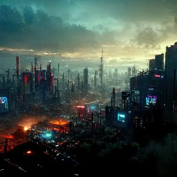 AI generated digital art of a post-apocalyptic futuristic city with thin half-ru Stock Illustration