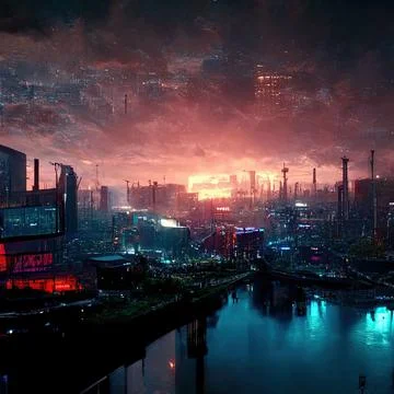 AI generated digital art of a post-apocalyptic futuristic city with thin half-ru Illustrazione stock