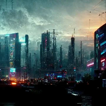 AI generated digital art of a post-apocalyptic futuristic city with thin half-ru Stock Illustration