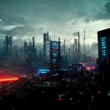 AI generated digital art of a post-apocalyptic futuristic city with thin half-ru Stock Illustration