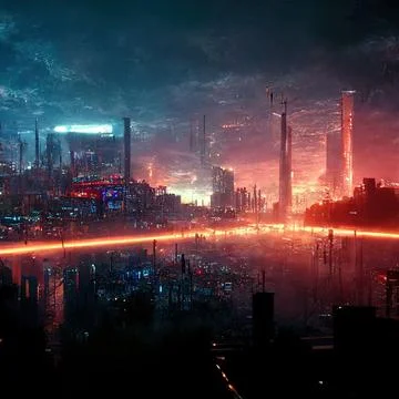 AI generated digital art of a post-apocalyptic futuristic city with thin half-ru Illustrazione stock