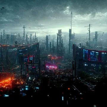 AI generated digital art of a post-apocalyptic futuristic city with thin half-ru Illustrazione stock
