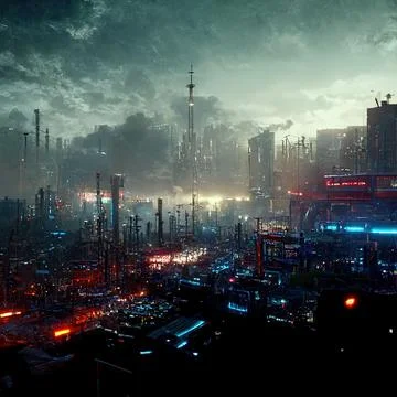 AI generated digital art of a post-apocalyptic futuristic city with buildings an Ilustración de archivo