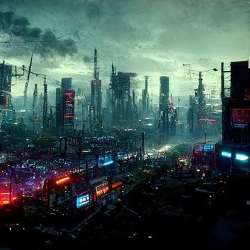 AI generated digital art of a post-apocalyptic futuristic city with buildings an Ilustración de archivo