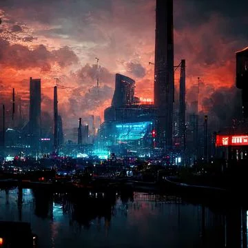 AI generated digital art of a post-apocalyptic futuristic city with buildings an Ilustración de archivo