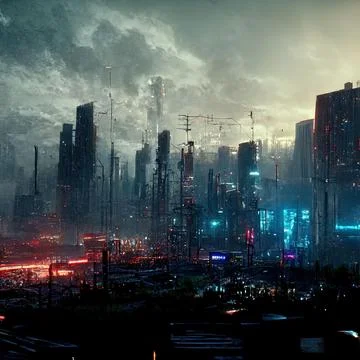 AI generated digital art of a post-apocalyptic futuristic city with buildings an Ilustración de archivo