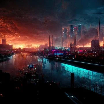 AI generated digital art of a post-apocalyptic futuristic city with buildings an Ilustración de archivo